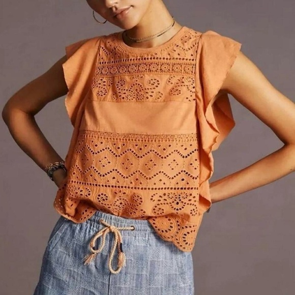 Anthropologie orange lace top with ruffled trim and eyelet detailing - Picture 5 of 6